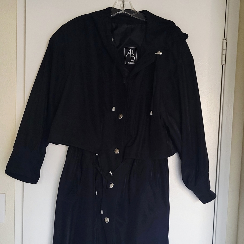 AB2 By Numina Trenchcoat Womens 14 Black Hooded Button-Up Silver Drawstring